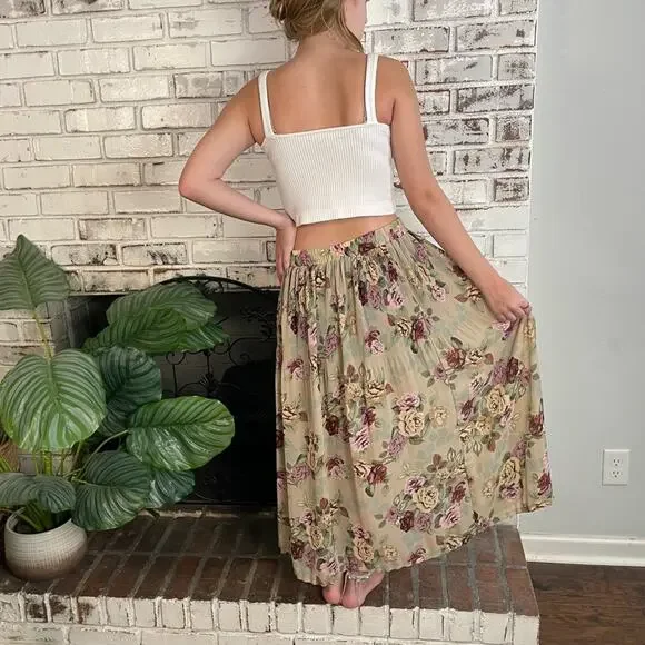 Vintage 90s Sag Harbor Floral Pleated A-line Slightly Sheer Maxi Skirt